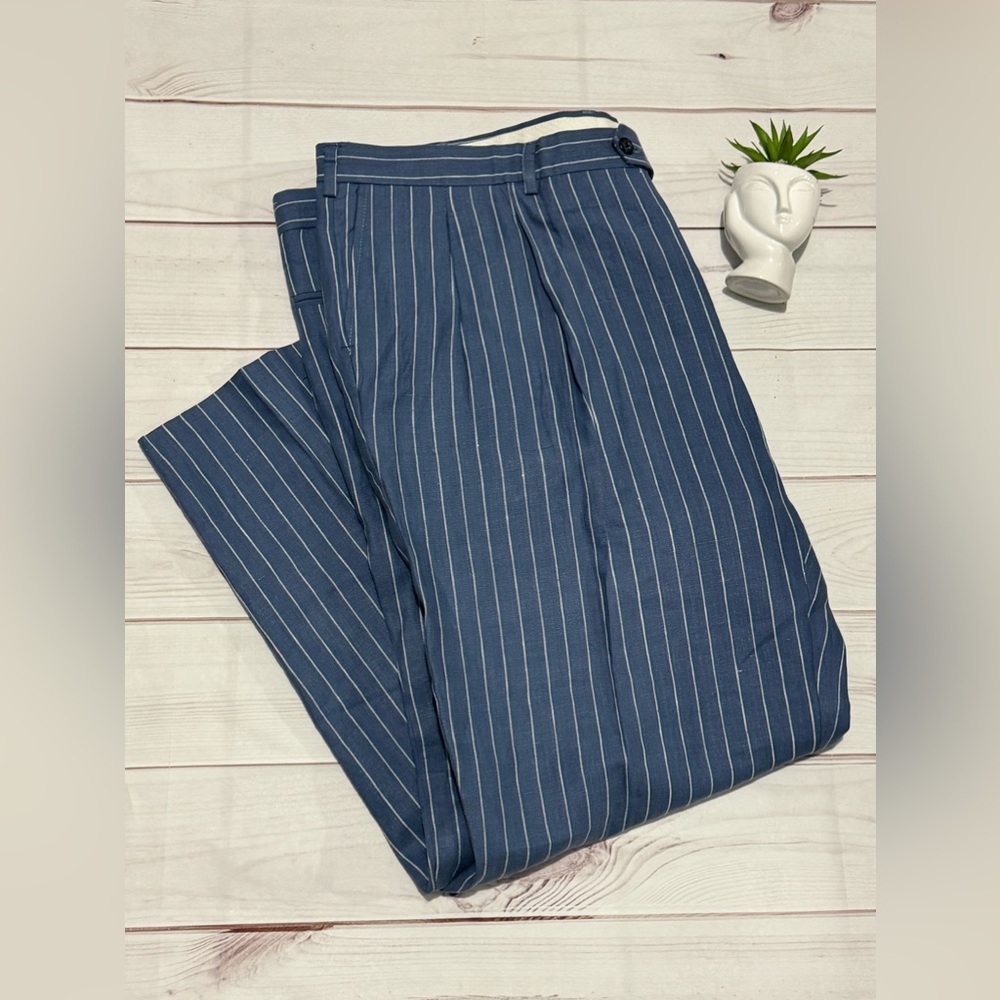 Paul Fredrick Mens Casual Dress Pants blue Stripes 100% Linen size 48